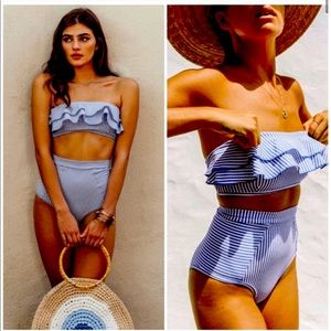 high waist blue stripe ruffle bikini
